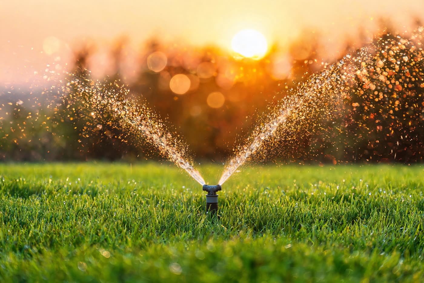 Sistema de rega automática a regar um relvado verde ao pôr do sol
