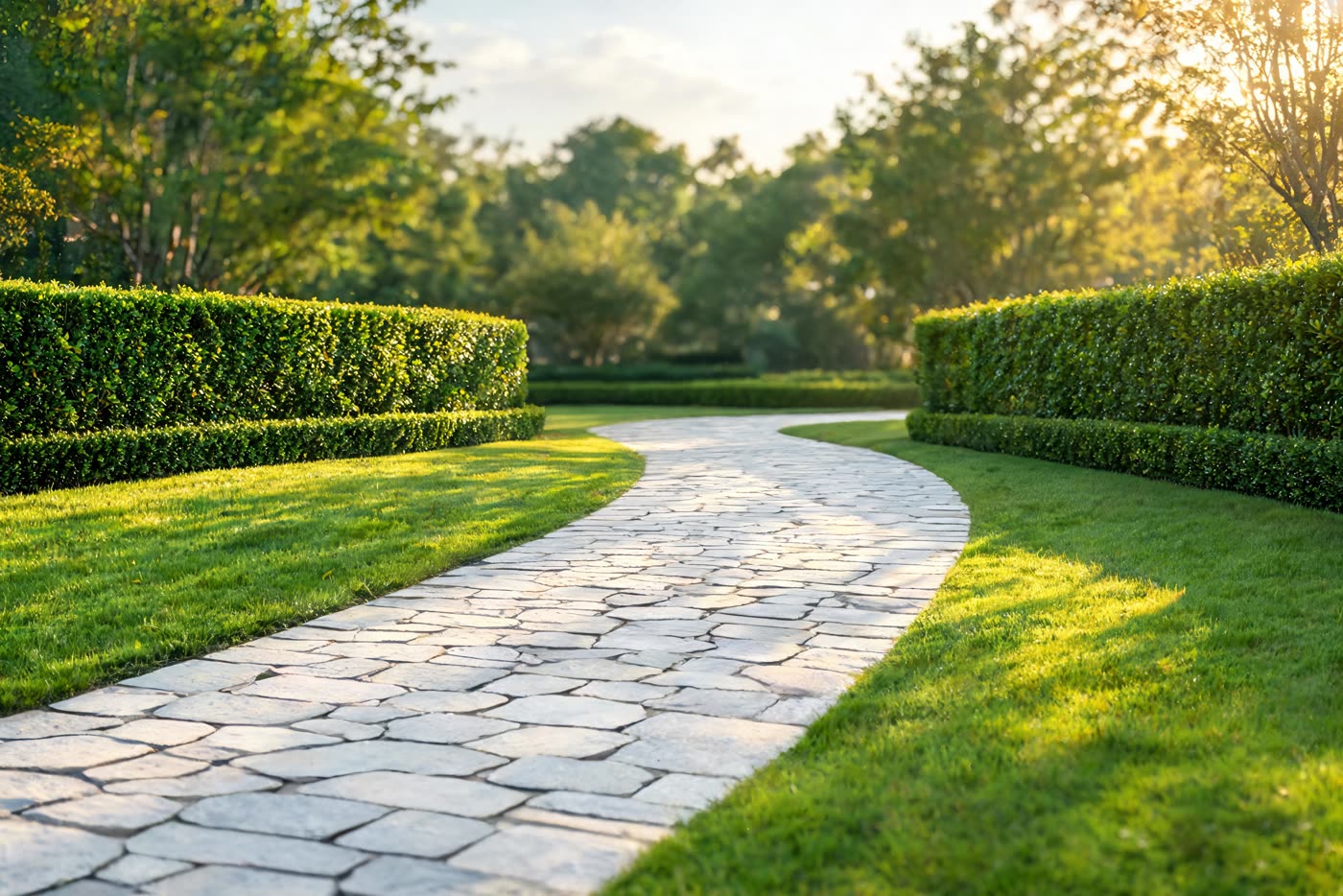 Jardim moderno com caminho de pedra natural e sebes verdes bem aparadas